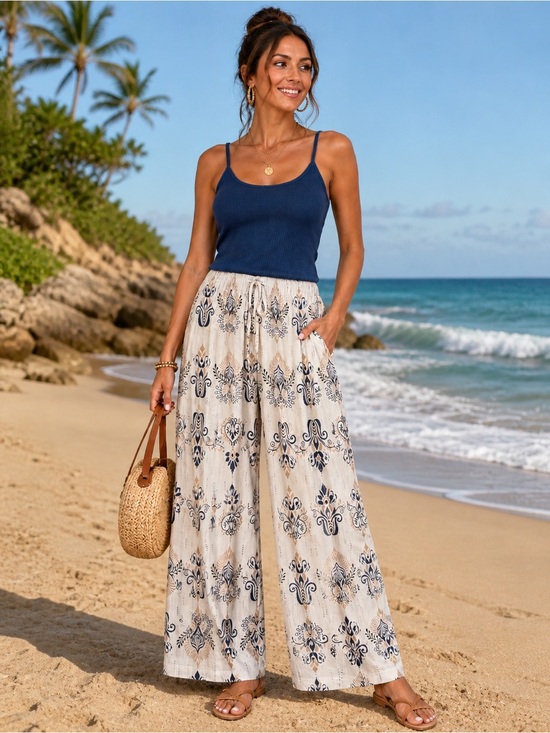 Pants - Wide Leg Printed Palazzo Pants - Navy & Cream